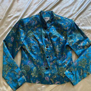 Vintage 1990s Blue Chinese Floral Brocade Silk Mandarin Collar Jacket Small